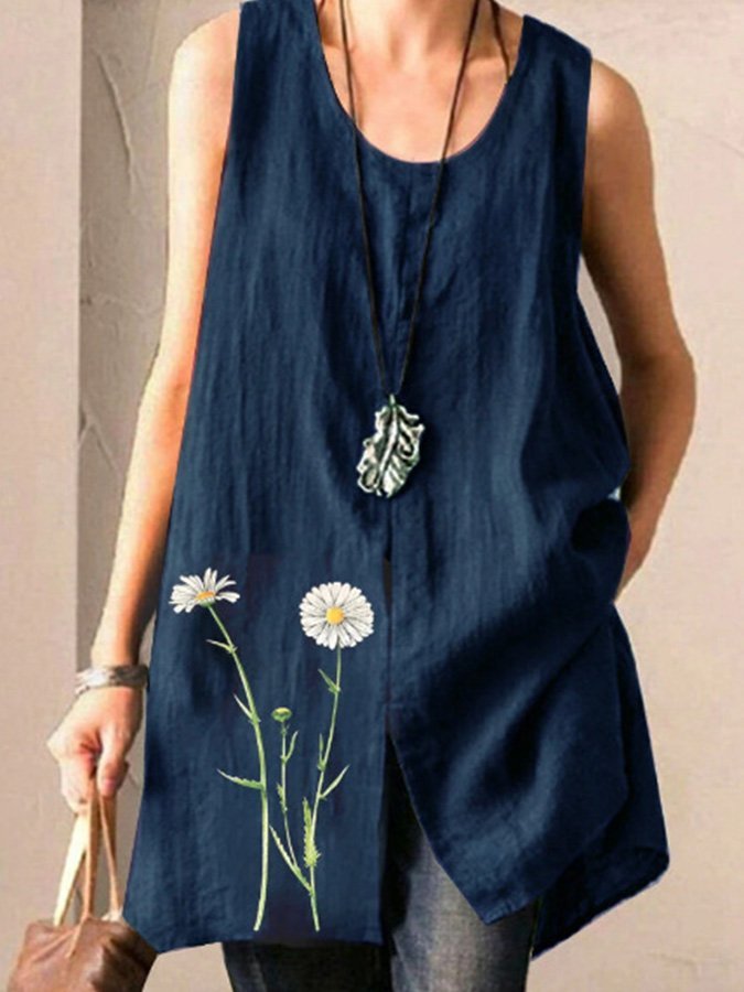 Ladies Cotton Linen Floral Print Casual Top