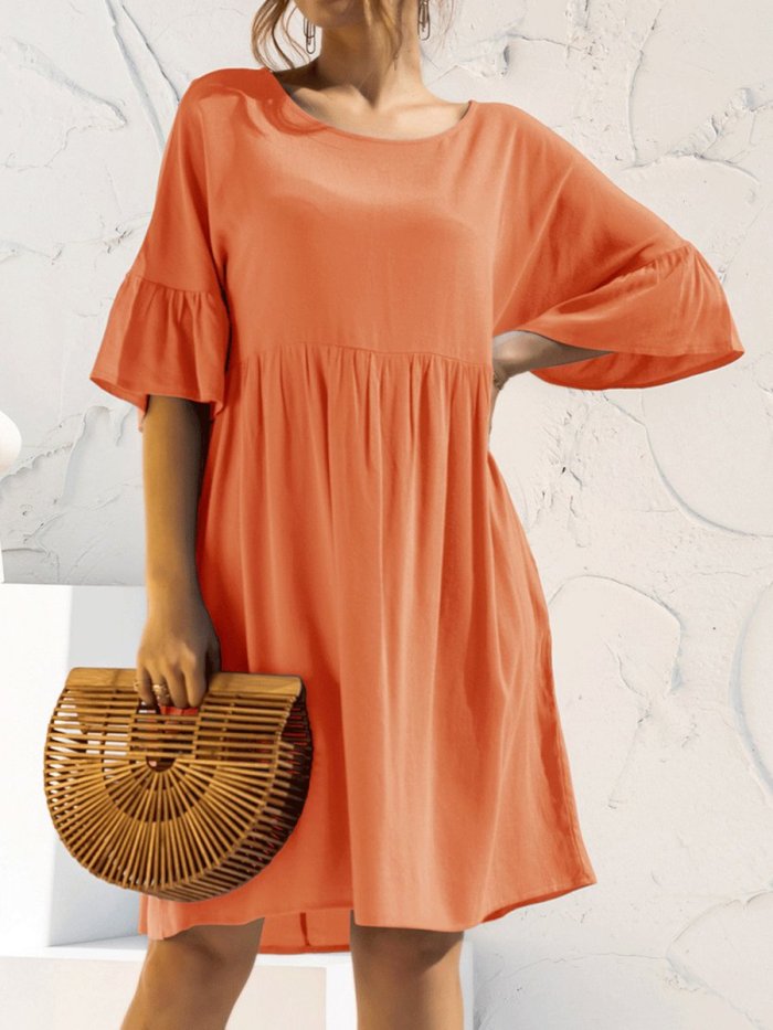 Women's Solid Color Flared Sleeve Pleated Cotton Linen Dress