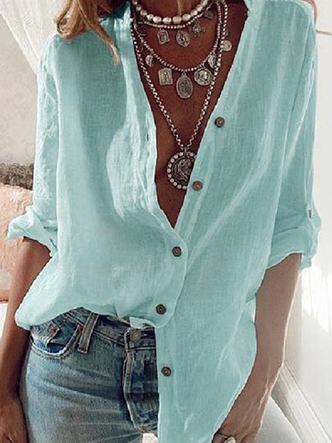 Ladies Cotton Linen Solid Color Pull-Sleeve Loose V-Neck Long-Sleeve Shirt