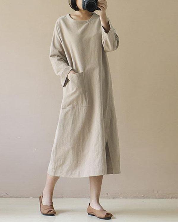 Women Long Sleeve Solid Loose Plus Size Casual Linen Dresses