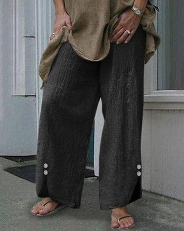 Women Plus Size Elastic Waist Button Decor Linen Cotton Pants