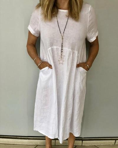Women Summer Pockets Solid Linen Dresses