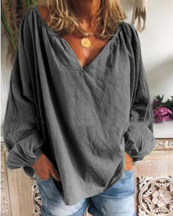 Solid Color V-neck Long-sleeved Wild Casual Shirt