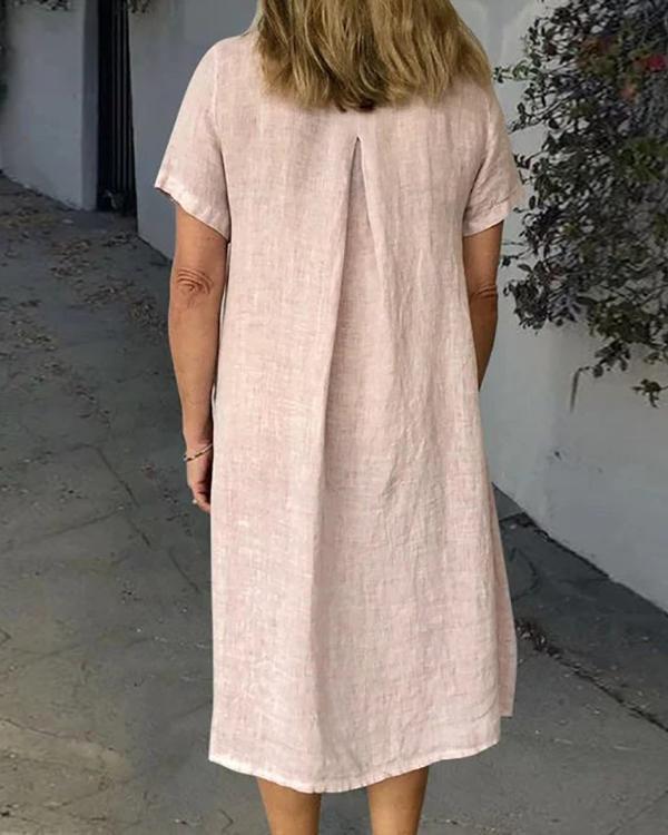 Women Summer Pockets Solid Linen Dresses