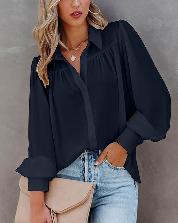 Plain Buttoned Shirt Collar Casual Loose Top