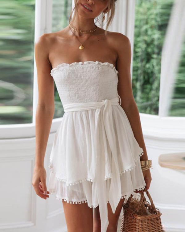 Cotton And Linen Ruffled Chest Strap Dress