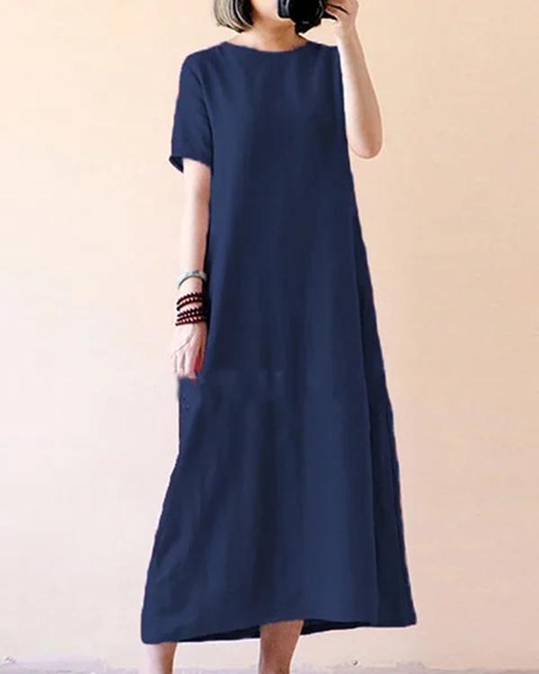 Women Casual Short Sleeve Solid Cotton Plus Size Dress
