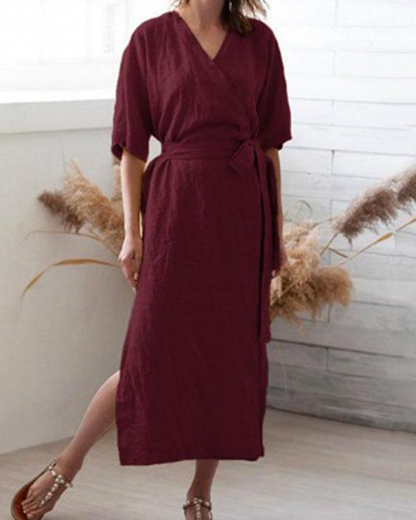 Pure Color V-Neck Slit Cotton Linen Half Sleeve Dress