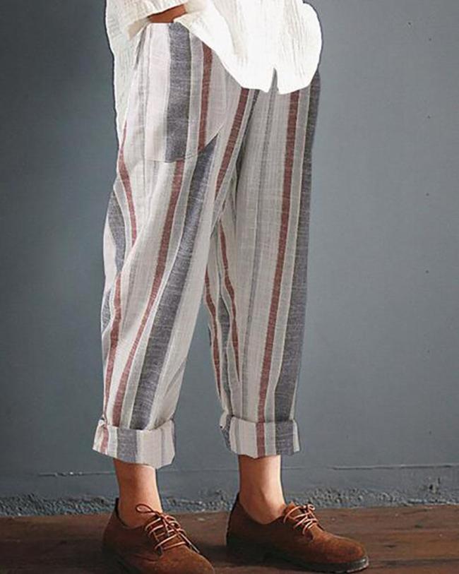 Casual Striped Pockets Cotton Linen Pants