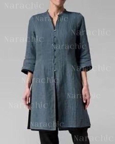 Solid Linen Slim Fit Long Sleeve Stand Collar Casual Cardigan