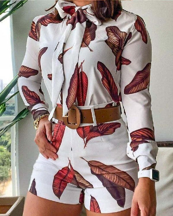 Printed Elegant Ribbon Lace Neck Long Sleeve Shirt Shorts Two Piece Suit