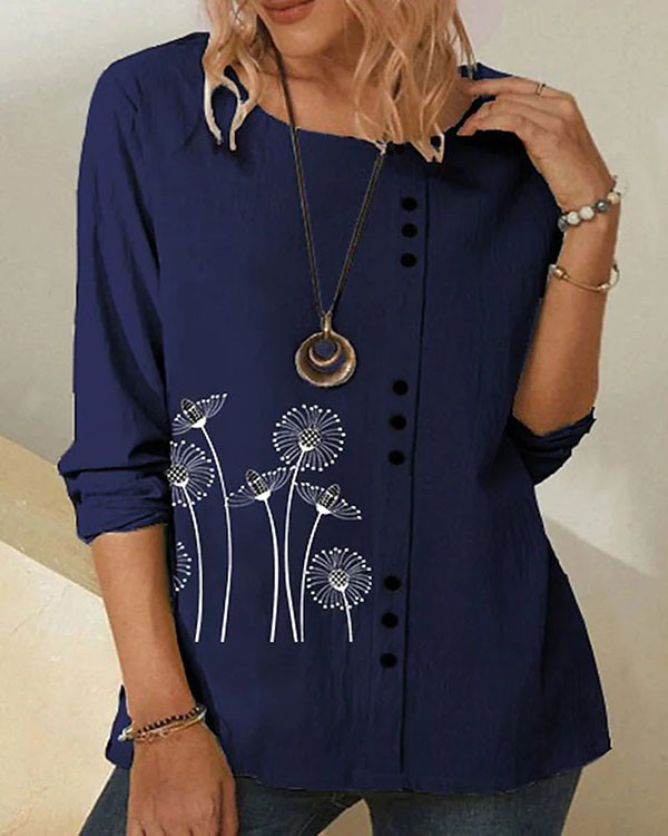 Casual Loose Floral Button Linen Long Sleeve Top