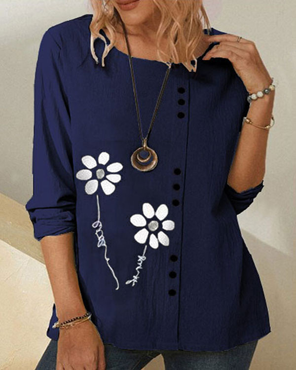 Casual Loose Floral Linen Long Sleeve Top