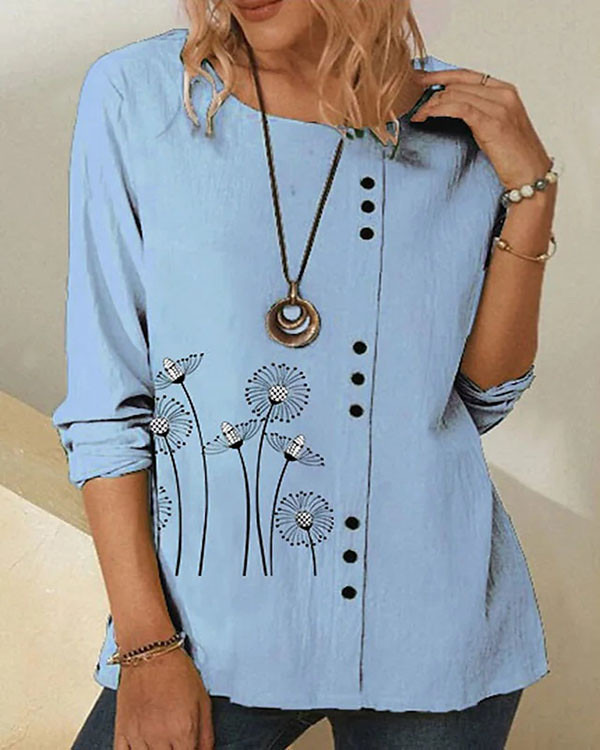 Casual Loose Floral Button Linen Long Sleeve Top