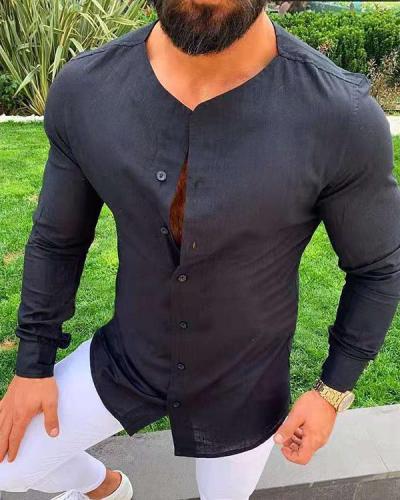 Men's Cotton Linen Henley Shirt Long Sleeve Casual Tops