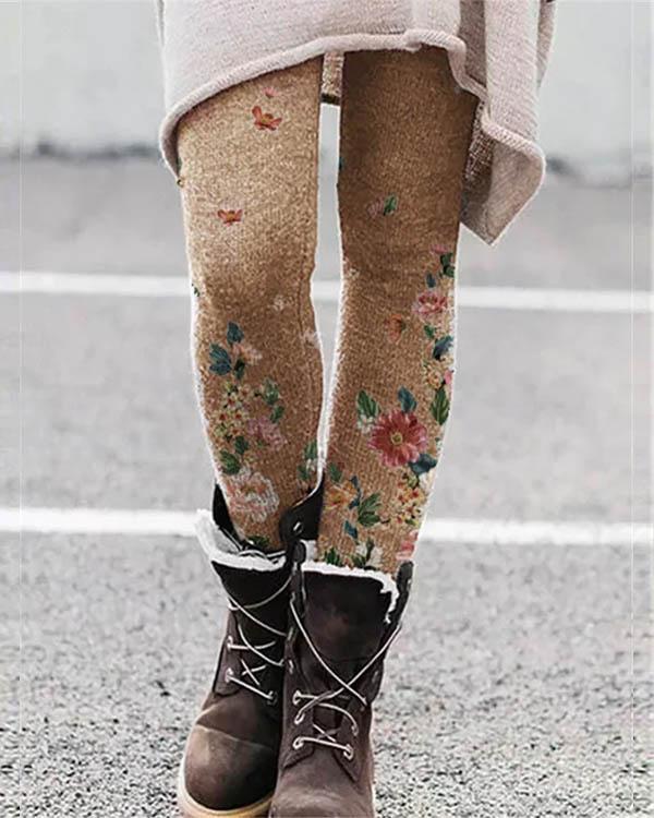 Stretchy Flower Print Leggings Casual Milk Fabric Pants