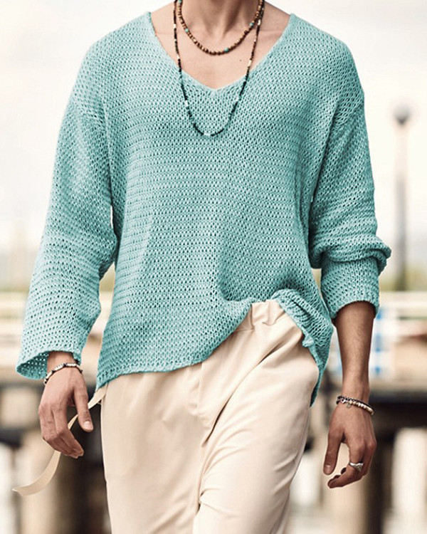 Men's Solid Color V-Neck Casual Sweater