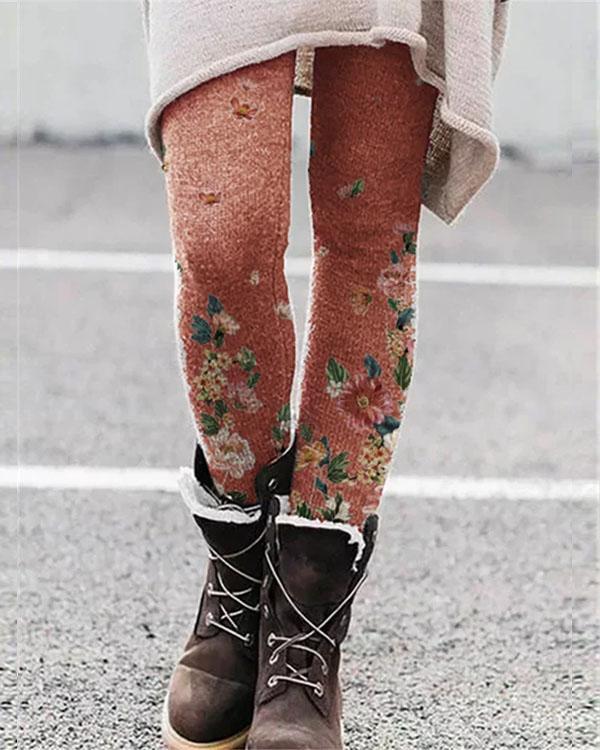 Stretchy Flower Print Leggings Casual Milk Fabric Pants