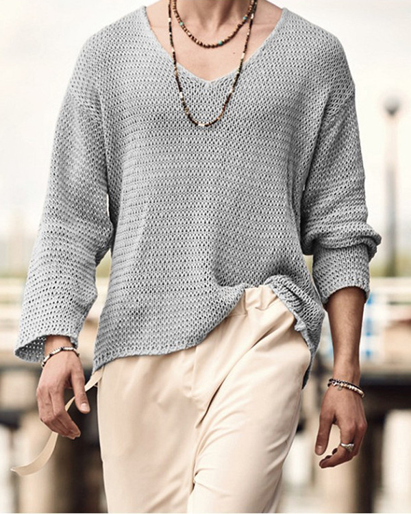 Men's Solid Color V-Neck Casual Sweater
