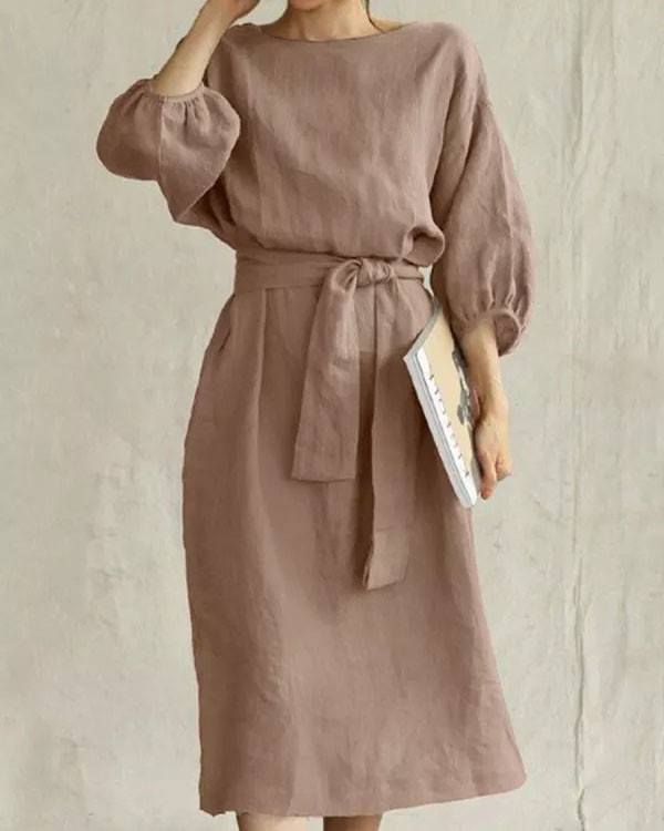 Elegant Lace-up Solid Color Cotton and Linen Mid-sleeve Round Neck Dress