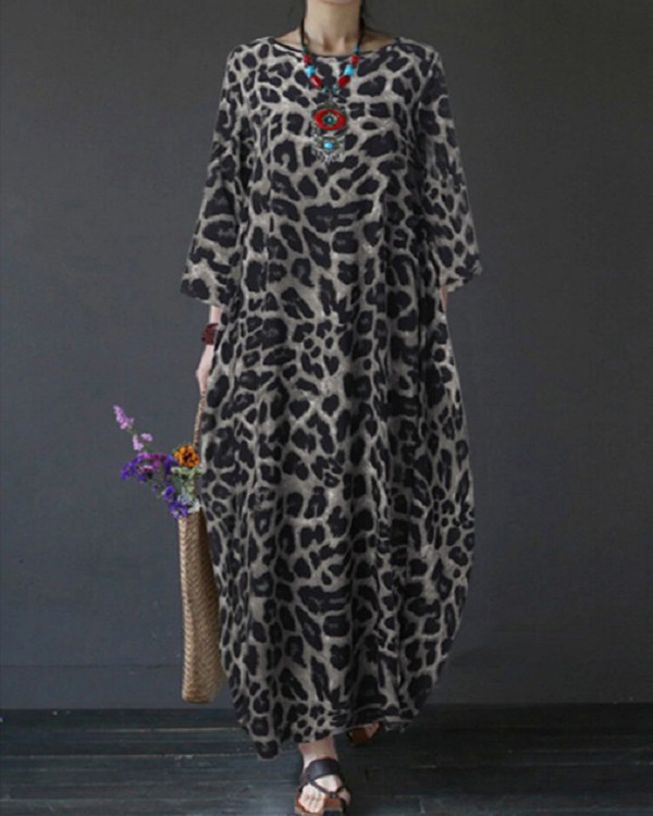 Vintage Leopard Loose Crewneck Long Dress