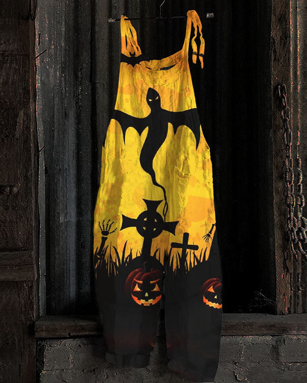 Women's Halloween Night Pumpkin Print Jumpsuit