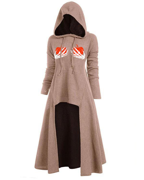 Women's Pumpkin Skull Print Hooded High Low Drop Shoulder Longline Sweater