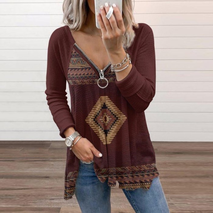 Women V-neck Printed Casual Top Blouse