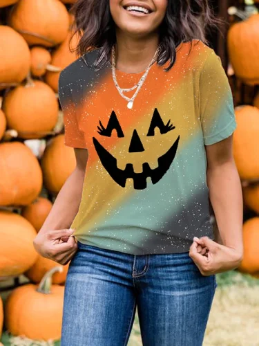 Women's Colorful Ombre Pumpkin Face Print Casual T-Shirt