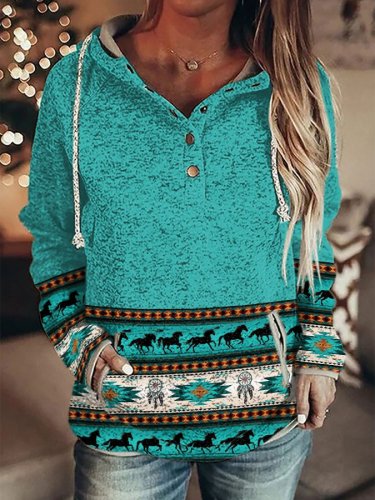 Vintage Ethnic Print Hooded Long Sleeve Sweatshirt