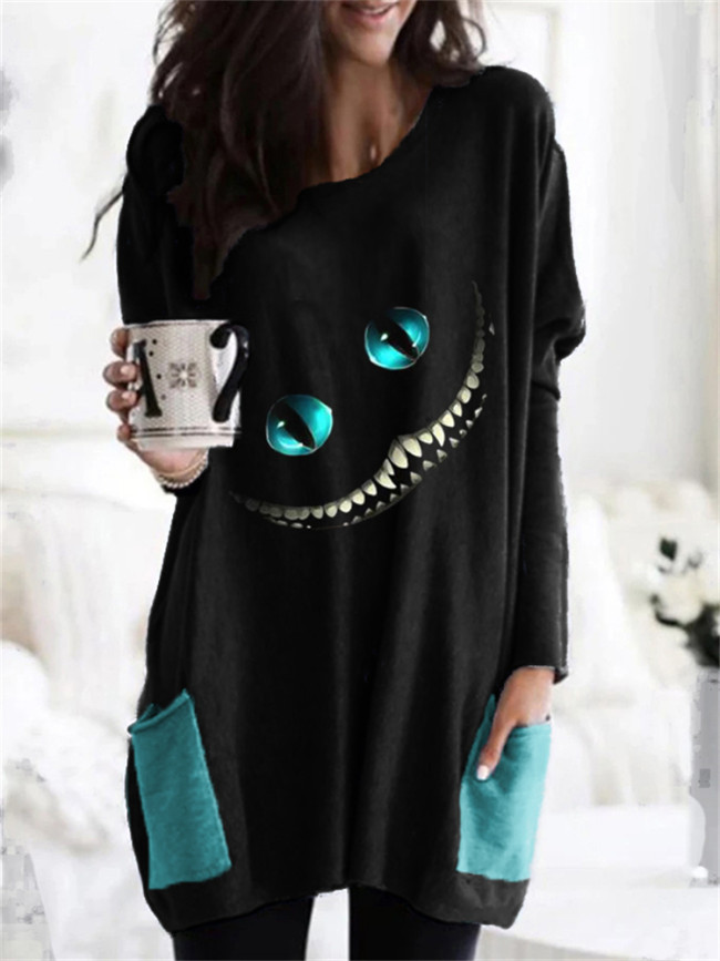 Halloween Spooky Cat Face Patch Pocket Tunic