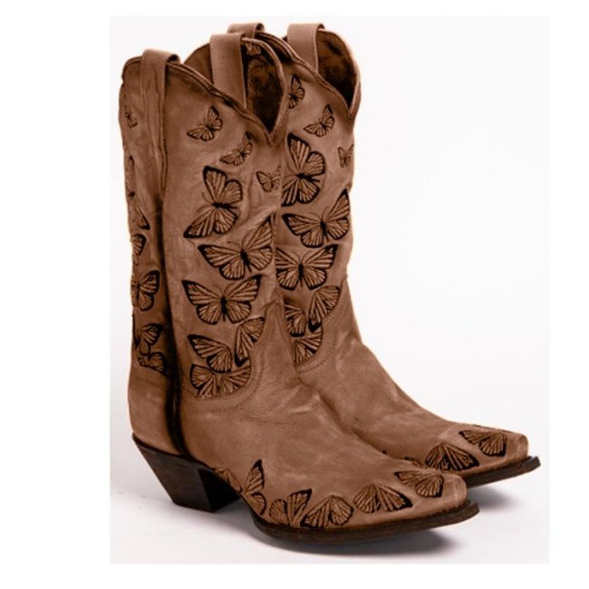 Vintage Chunky Heel Embroidered Butterfly Tall Women's Boots