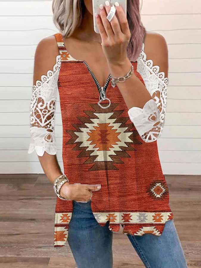 Western Ethnic Print Lace Patchwork Short Sleeve Tops