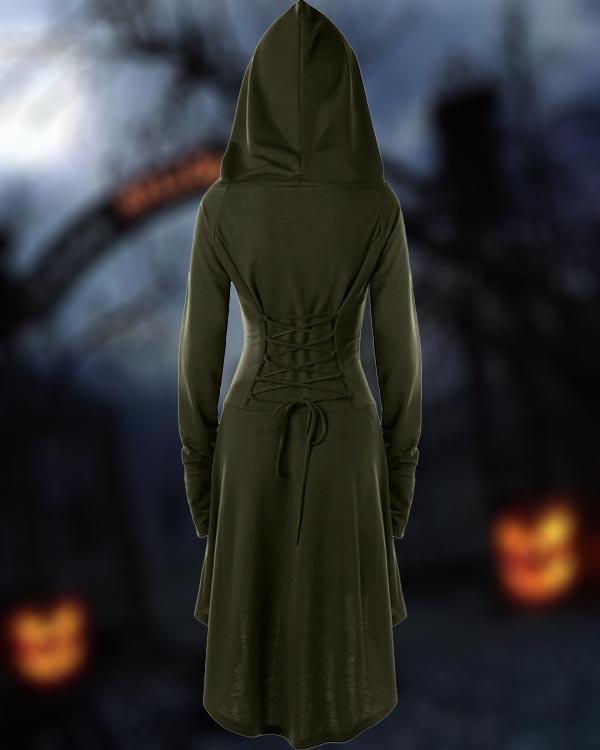 Halloween Solid Long Sleeve Hooded Lace-Up Dress