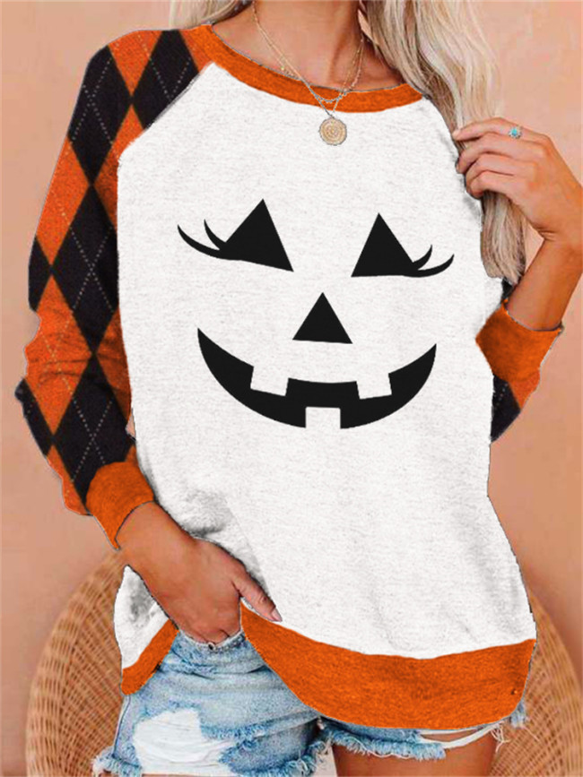 Halloween Pumpkin Face Diamond Patchwork Sweatshirt