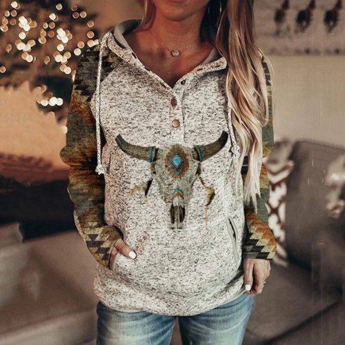 Ladies Ethnic Style Geometric Print Casual Sweater
