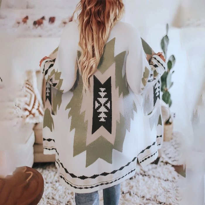 Ethnic Print Long Cardigan Coat