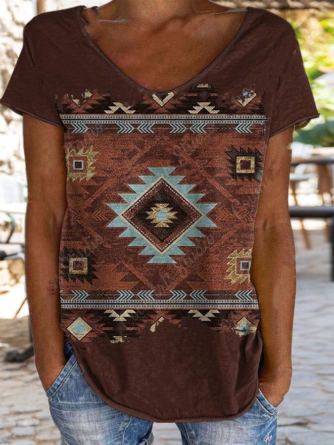 Western Geometric Print Casual T-Shirt