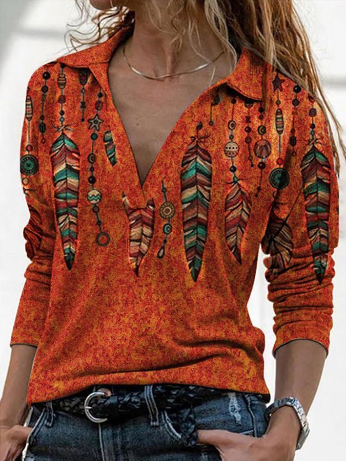 Vintage Indian Feather Print Casual T-Shirt