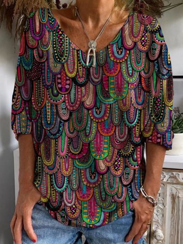 Women's Vintage Ethnic Floral Print V-Neck Long Sleeve T-Shirt