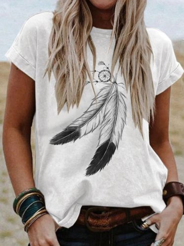 Vintage Feather Print V-Neck Casual T-Shirt