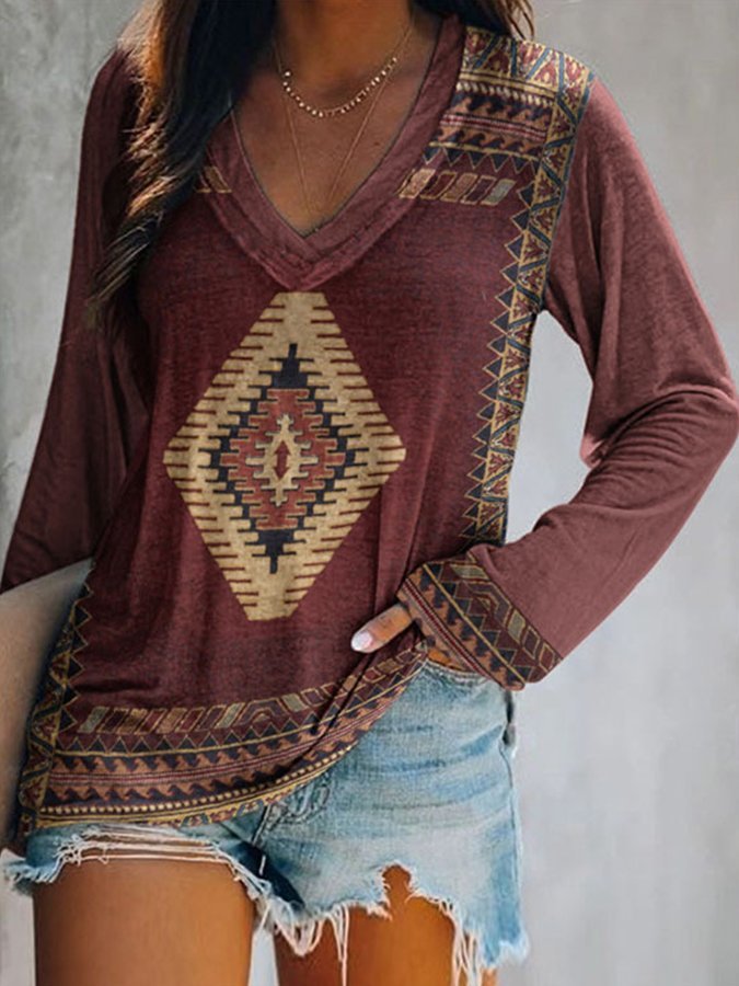Women's Vintage Aztec Pattern Casual Long-Sleeved T-Shirt