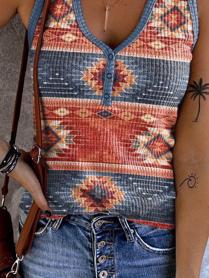 Button-Neck Western Print Vest
