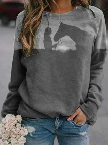 Women's Girl And Horse Silhouette Printed Casual Sweatshirt
