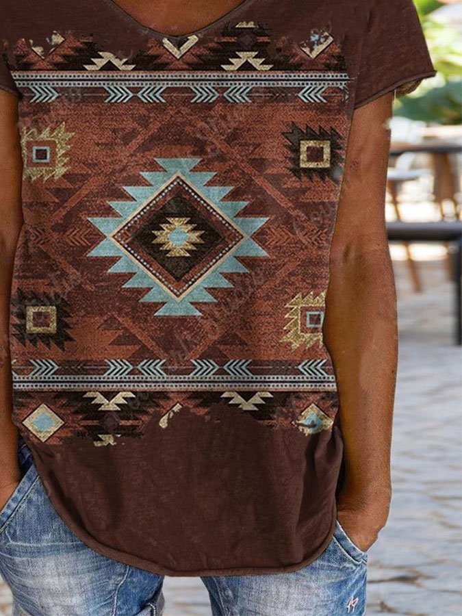 Western Geometric Print Casual T-Shirt