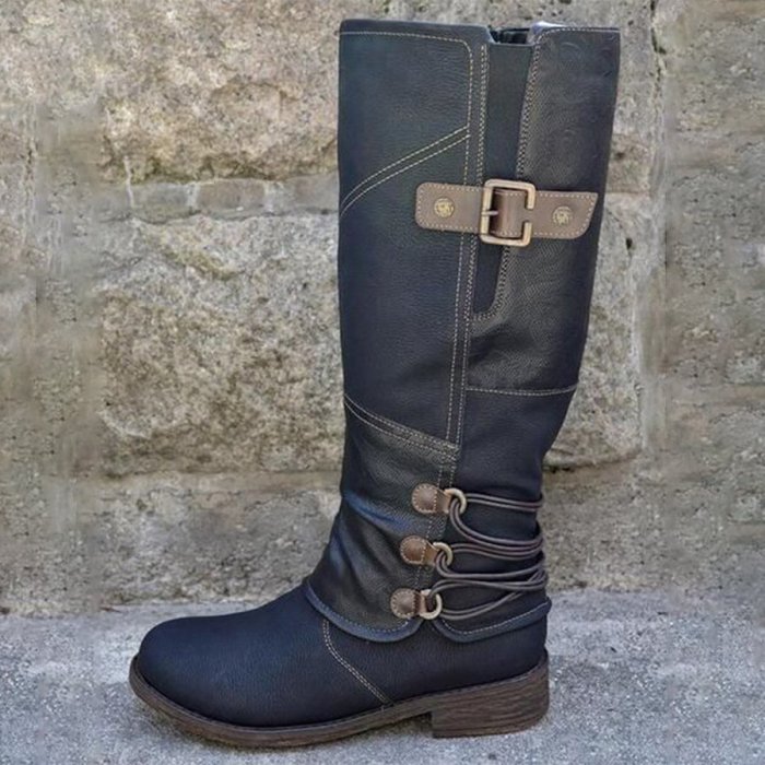 Women's Western Round Toe Square Heel Buckle Knight Boots