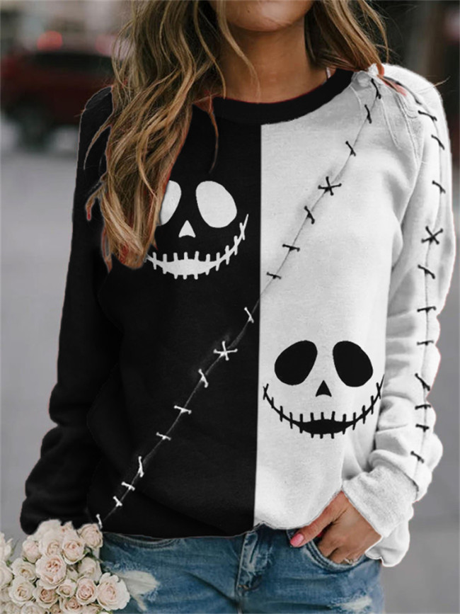 Halloween Spooky Face Contrast Color Sweatshirt