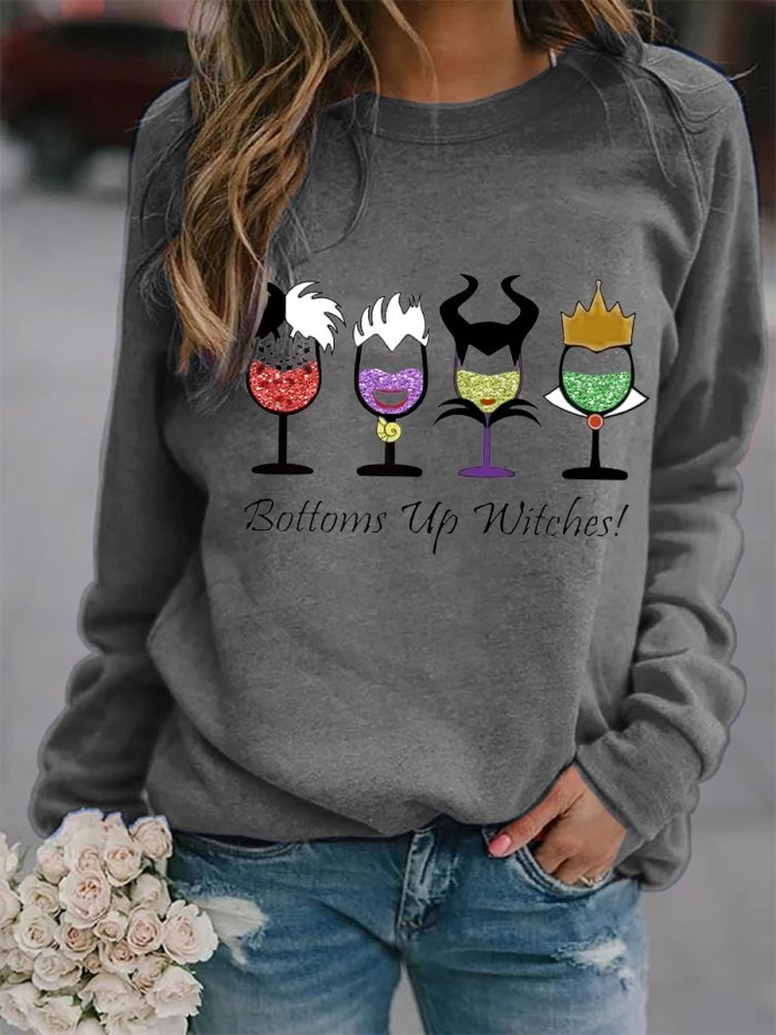 Women's Halloween Bottoms Up Witches! Wine print sweatshirt