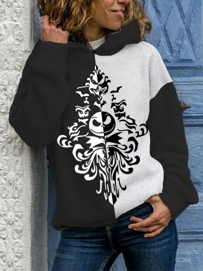 Women's Black & White Classic Jack Skellington Print Hoodie Sweatshirt