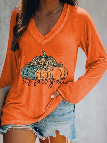 Women's It's Fall Y'all Pumpkin Print Double V-Neck Long Sleeve T-Shirt